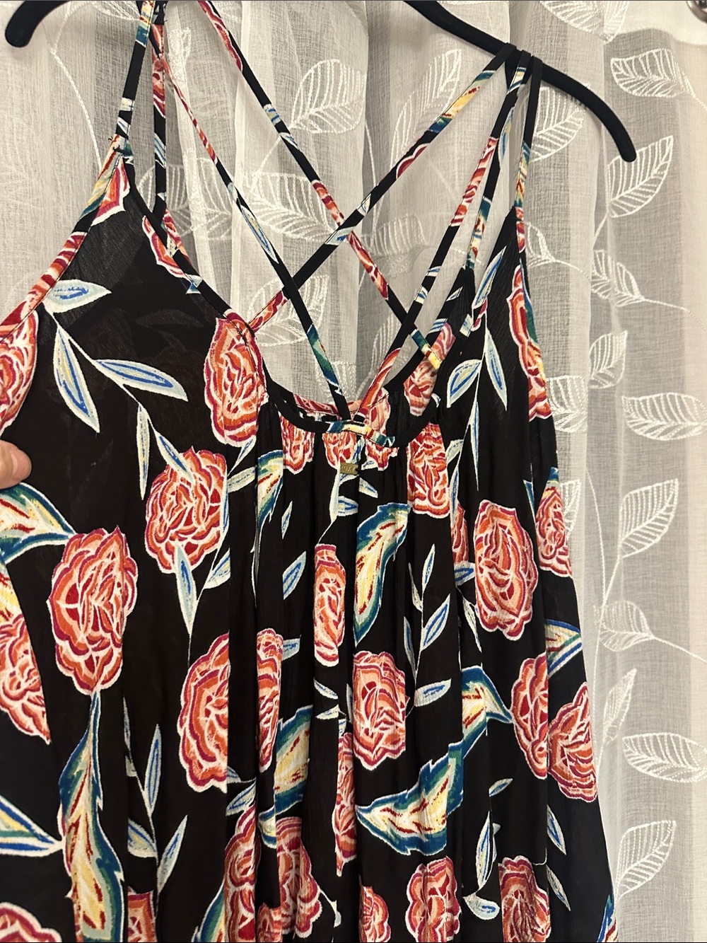 Roxy Black Floral Crisscross-Back Swim Coverup with Pink Blooms - Picture 5 of 9